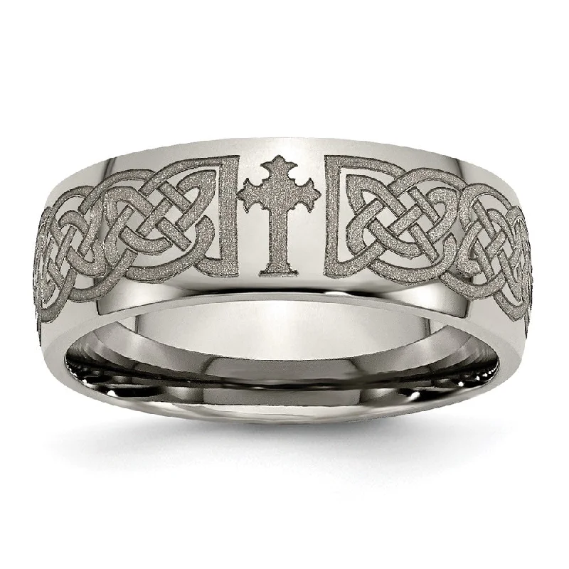 Ladies rings memory-inspired pieces-8mm Titanium Etched & Polished Celtic Cross Domed Standard Fit Band