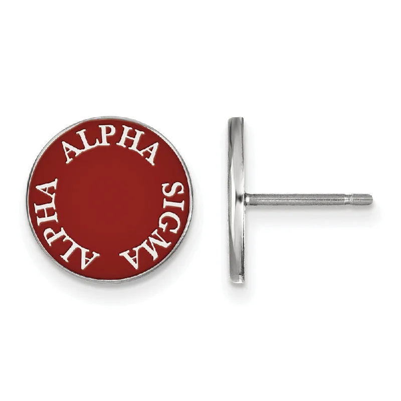 Ladies earrings engraved name accents-Sterling Silver Alpha Sigma Alpha Enamel Disc Post Earrings