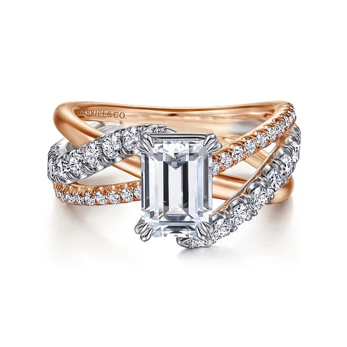 Ladies engagement rings celebrity halo styles-14K White-Rose Gold Emerald Cut Free Form Diamond Engagement Ring