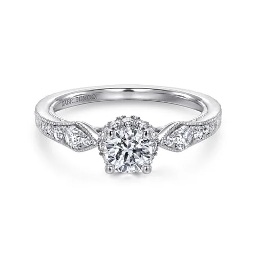 Ladies engagement rings autumn solitaires-Vintage Inspired 14K White Gold Round Halo Complete Diamond Engagement Ring