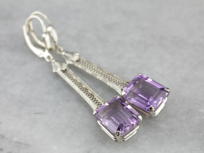 Ladies earrings adjustable fit earrings-Filigree Amethyst Drop Earrings