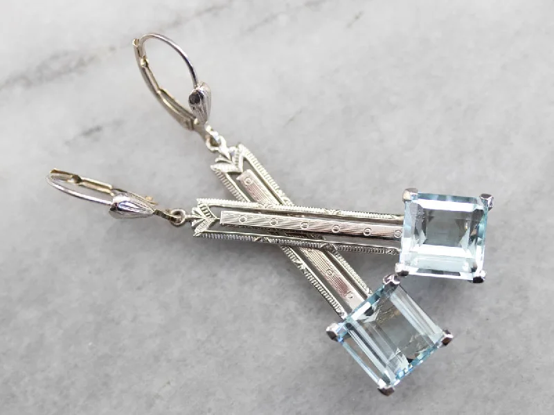 Ladies earrings symmetrical balance styles-Art Deco Aquamarine Drop Earrings