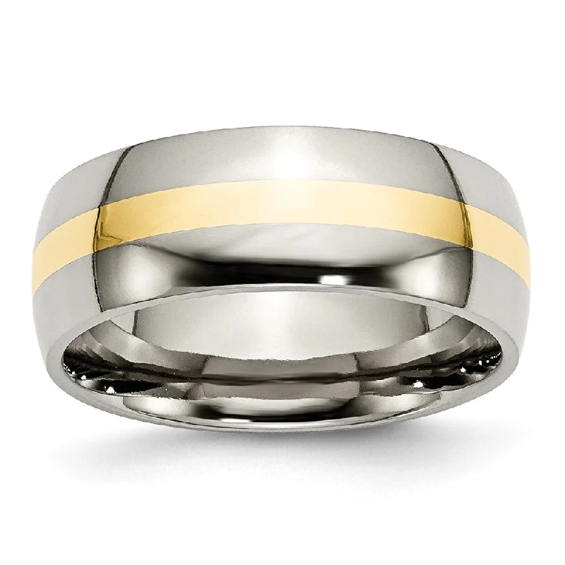 Ladies rings glitter accent styles-Titanium and 14K Gold, 8mm Striped Unisex Standard Fit Band