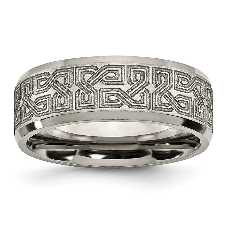 Ladies rings pinky finger styles-8mm Titanium Lasered Greek Key Beveled Edge Standard Fit Band