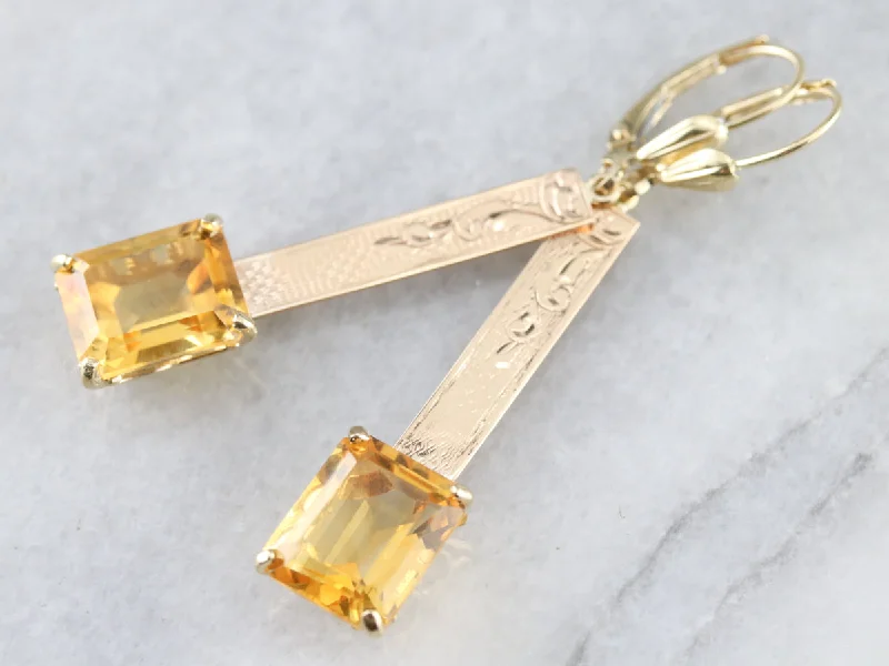 Ladies earrings monochromatic styles-Citrine Gold Bar Drop Earrings