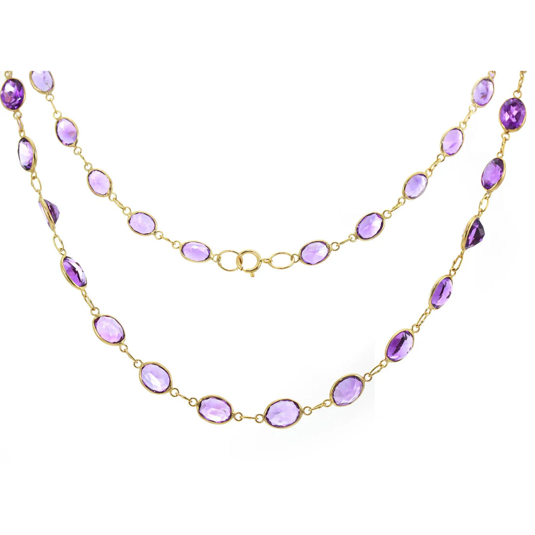 Ladies necklaces high investment value-9ct Yellow Gold Amethyst Graduated Line Necklace