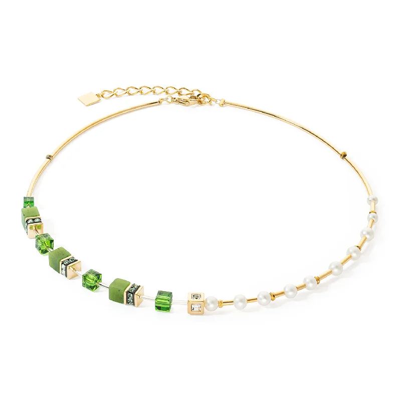 Ladies necklaces white gold styles-Coeur De Lion GeoCUBE® Fusion Gold Green and Pearl Necklace