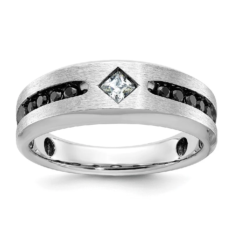 Ladies rings etched pattern styles-Mens 8mm 14K White Gold Black Rhodium Black/White Diamond Tapered Band