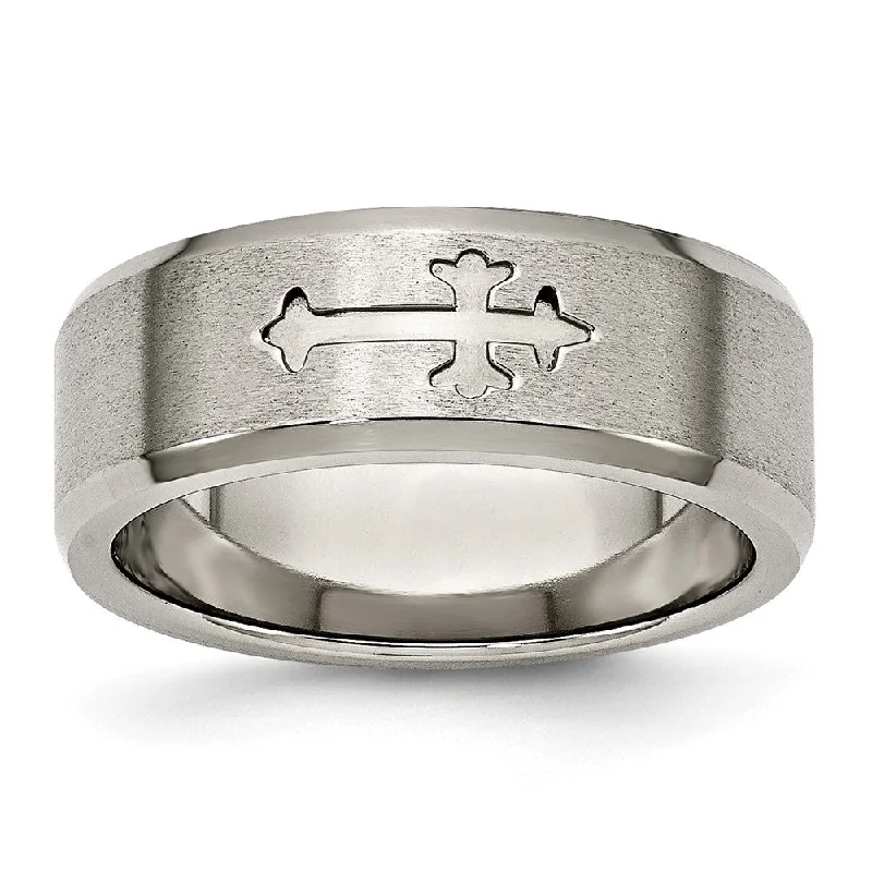 Ladies rings minimalist gold bands-8mm Titanium Recessed Cross Beveled Edge Standard Fit Band