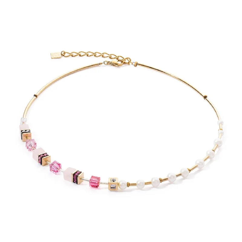 Ladies necklaces distressed look styles-Coeur De Lion GeoCUBE® Gold Pink and Pearl Necklace