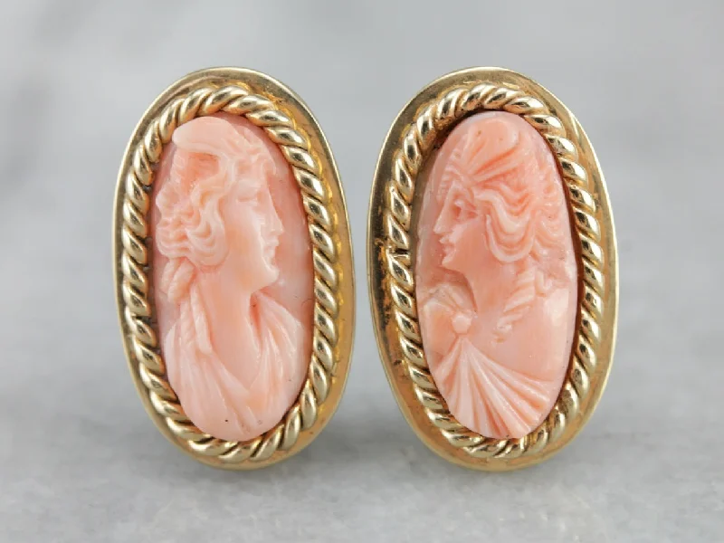 Ladies earrings soft glow styles-Gorgeous Carved Coral Cameo Earrings, Classic Yellow Gold Clip On Earrings