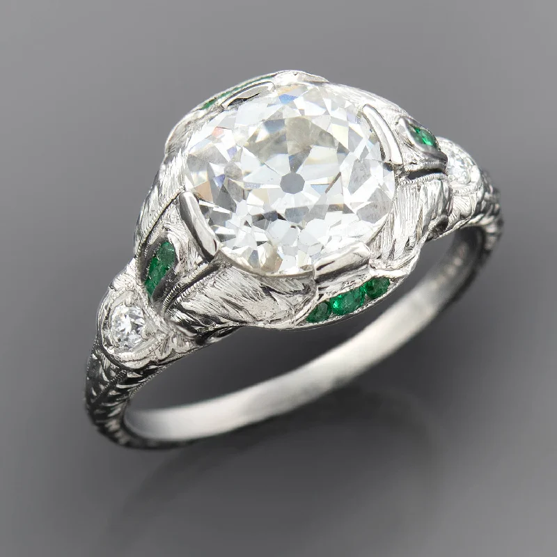 Ladies engagement rings luxurious halo bands-Art Deco Platinum Diamond + Emerald Engagement Ring 2.36ctw Center