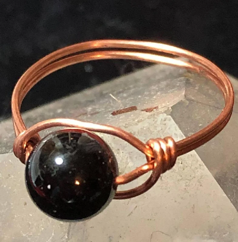 Ladies rings thoughtful birthday surprises-Black Tourmaline Copper Bead Ring