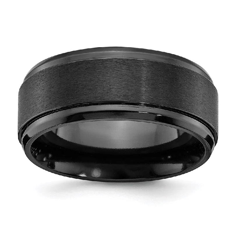 Ladies rings labradorite unique picks-9mm Black Zirconium Ridged & Beveled Edge Standard Fit Band