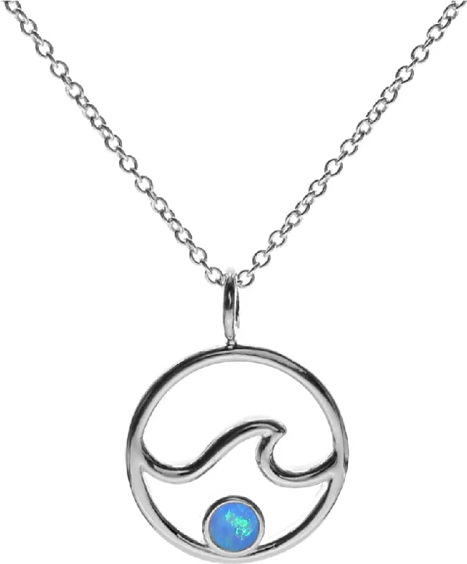 Ladies necklaces medium length styles-Sterling Silver Blue Opalique Wave in Circle Necklace