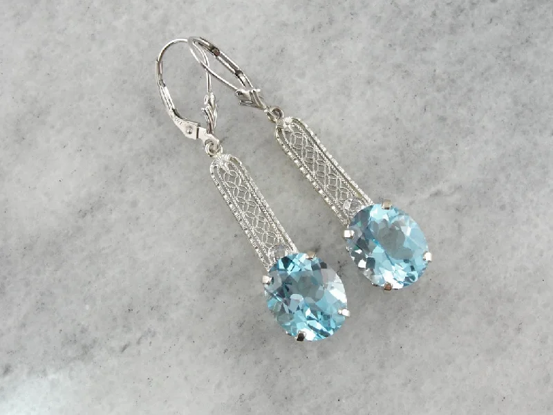 Ladies earrings mismatched pair styles-Beautiful Blue Topaz and Diamond Filigree Drop Earrings, Upcycled Antique White Gold Bridal Earrings