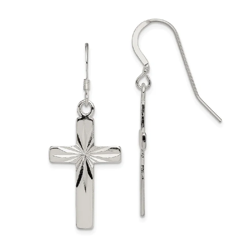 Ladies earrings clip-on earring styles-Polished & Diamond Cut Latin Cross Dangle Earrings in Sterling Silver