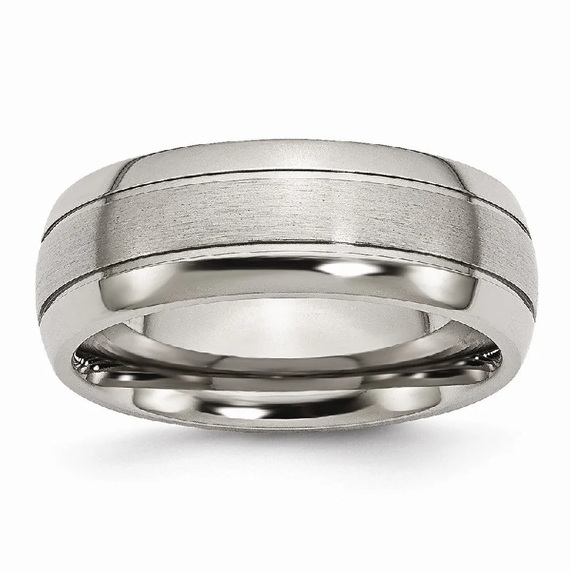 Ladies rings textured band designs-Titanium, 8mm Multi Finish and Grooved Comfort Fit Band