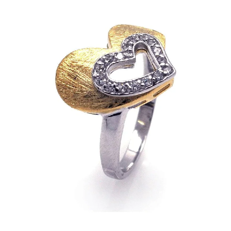 Ladies rings celestial theme styles-Silver 925 Rhodium and Gold Plated 2 Toned Clear CZ Open Heart Ring - BGR00232