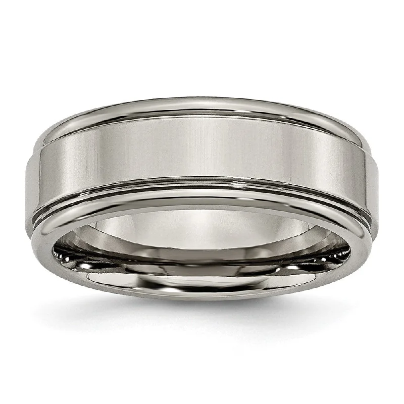 Ladies rings layered look designs-8mm Titanium Polished Grooved Edge Comfort Fit Band