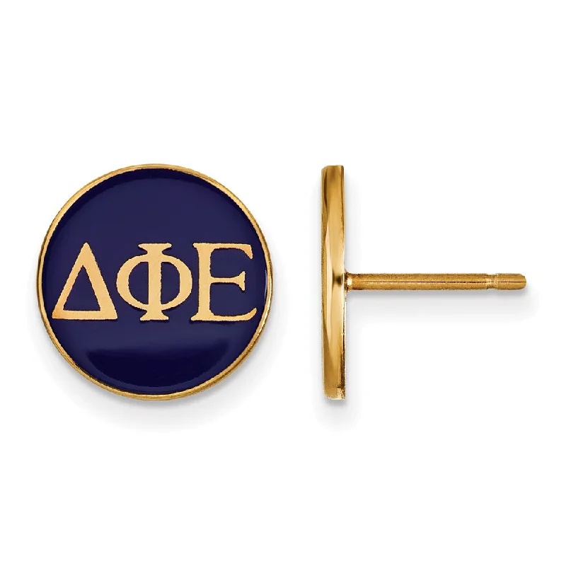 Ladies earrings contemporary bold styles-14K Plated Silver Delta Phi Epsilon Blue Enamel Disc Post Earrings