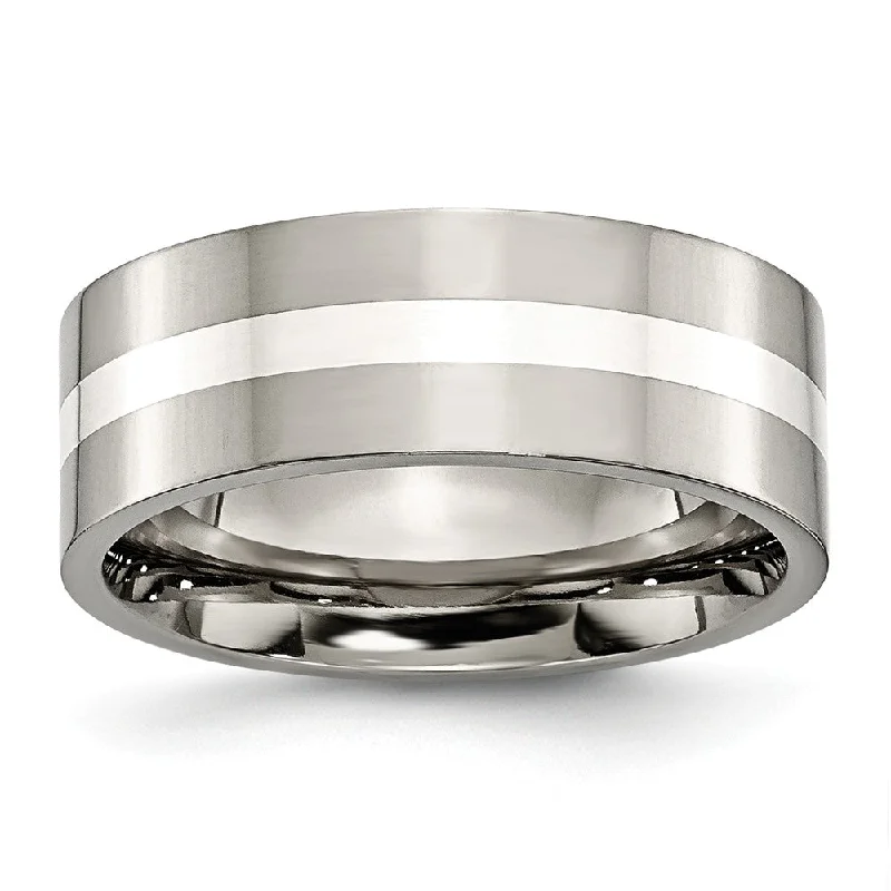 Ladies rings subtle hue styles-Titanium & Sterling Silver Inlay, 8mm Polished Flat Comfort Fit Band