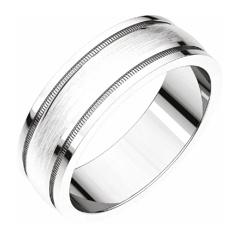 Ladies rings organic shape designs-6mm 14K White Gold Flat Edge Satin Center Milgrain Comfort Fit Band