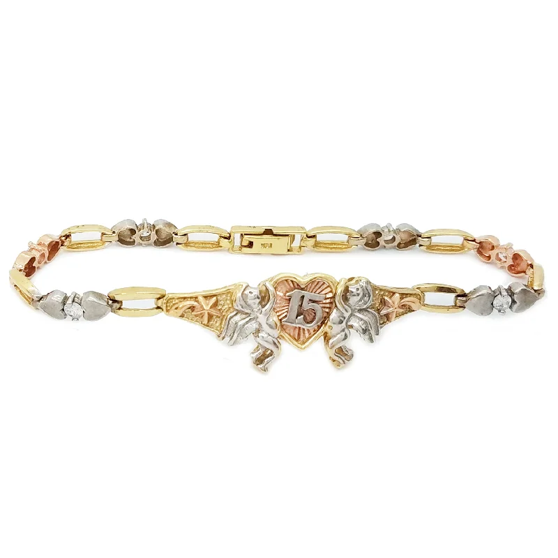 Ladies bracelets step cut designs-Ladies bracelets step cut designs-Cubic Zirconia (CZ) 15 Birthday / Quiceañera Tri-Color Gold Bracelet (14K)