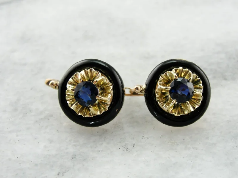 Ladies earrings cluster design earrings-Floral Sapphire Gold Drop Earrings