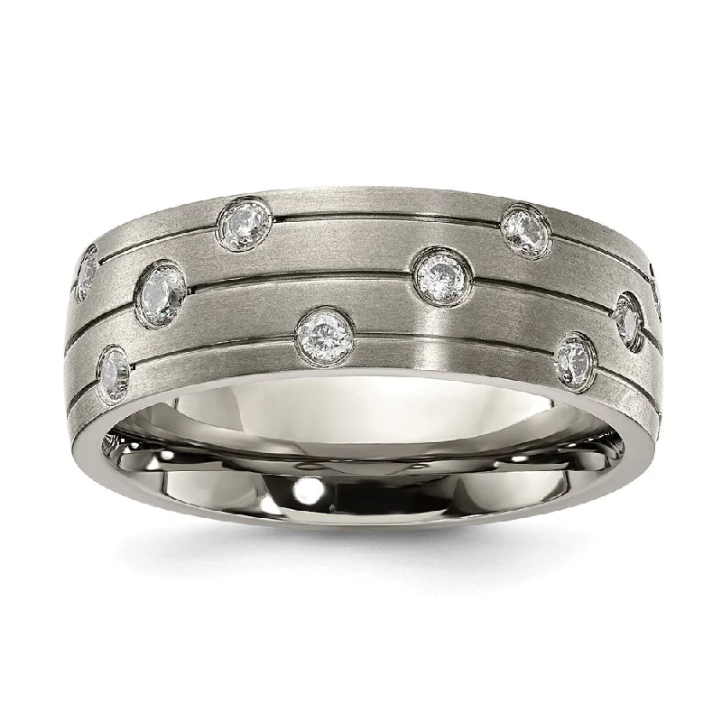 Ladies rings subtle beauty designs-8mm Titanium & CZ Brushed & Grooved Standard Fit Band