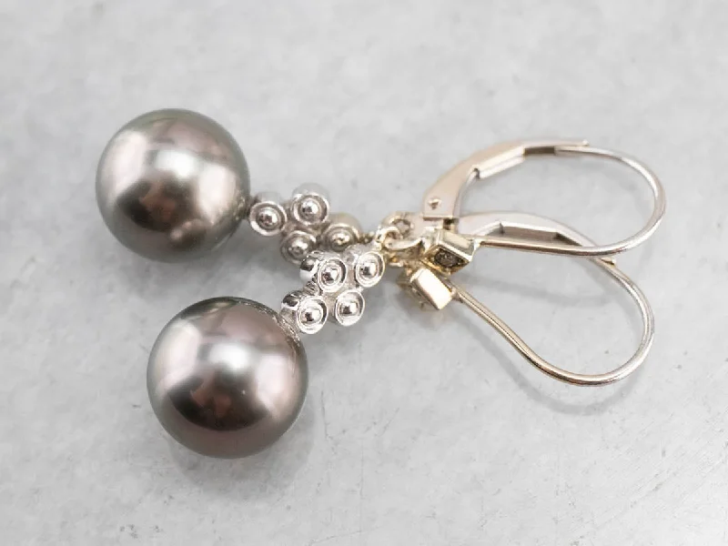 Ladies earrings initial letter designs-Gray Pearl and Diamond Drop Earrings