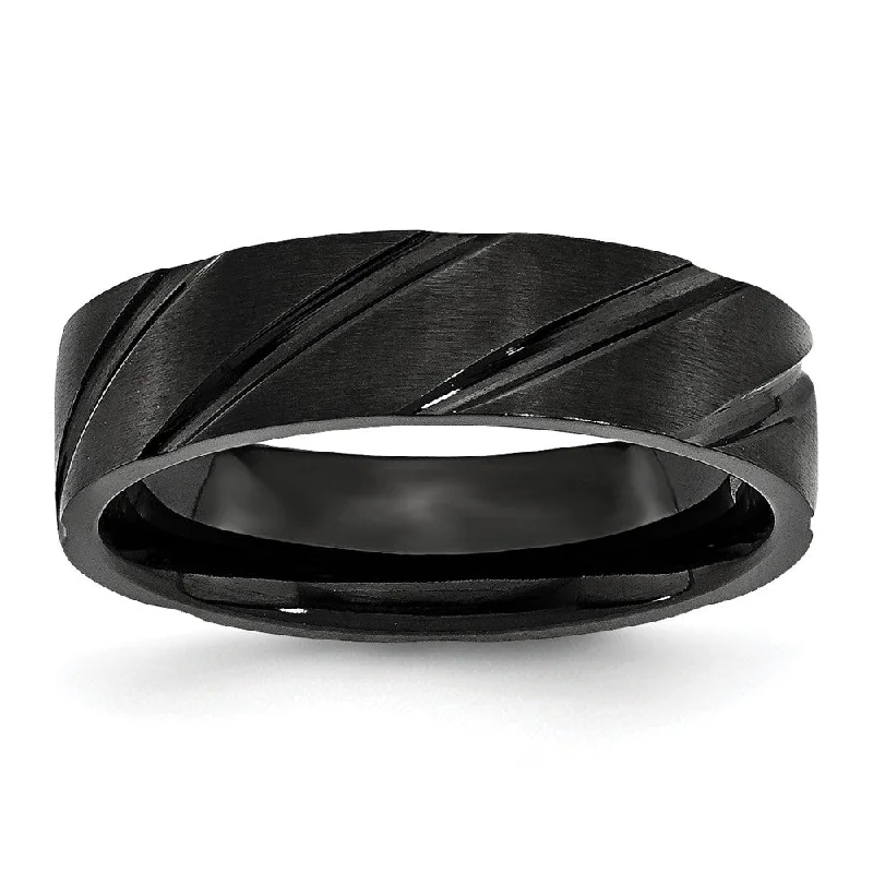 Ladies rings comfort curve styles-6mm Black Plated Titanium Brushed Grooved Standard Fit Band