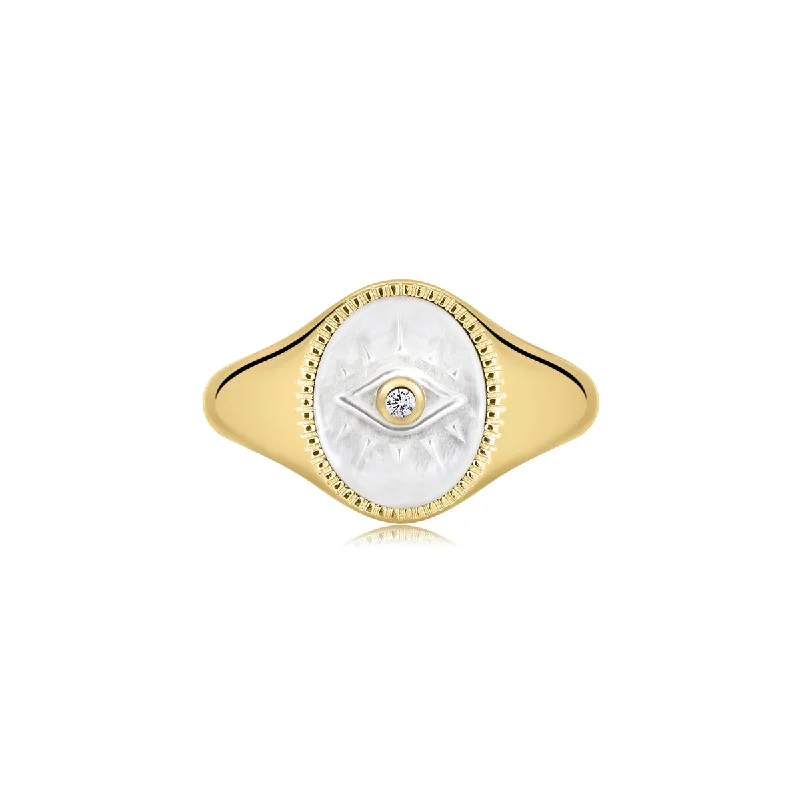 Ladies rings subtle hue styles-Gold Vermeil Mother of Pearl Evil Eye Signet Ring