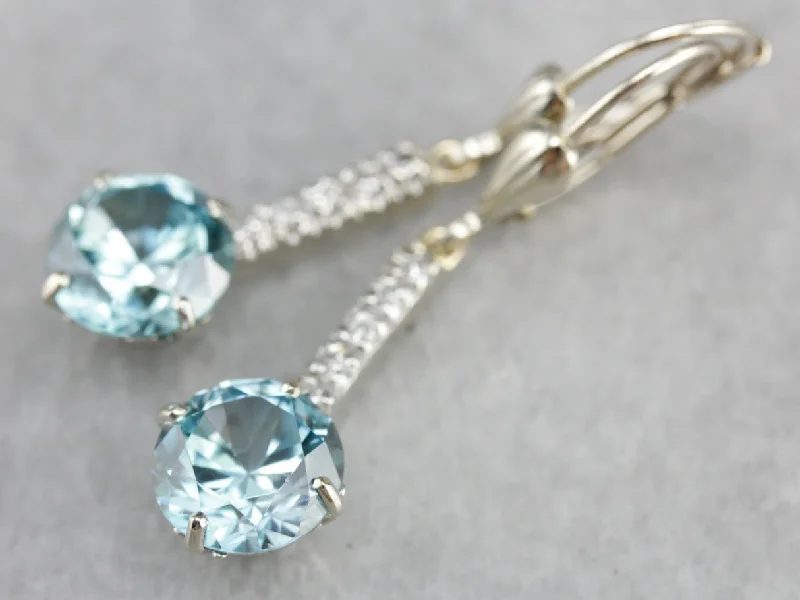 Ladies earrings heritage inspired earrings-Blue Zircon Drop Earrings with Diamond Accents