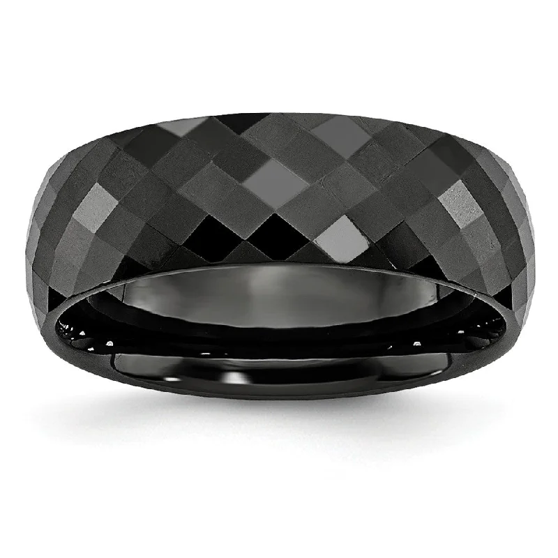 Ladies rings earthy tone designs-Black Ceramic, 7.5mm Faceted Unisex Comfort Fit Band