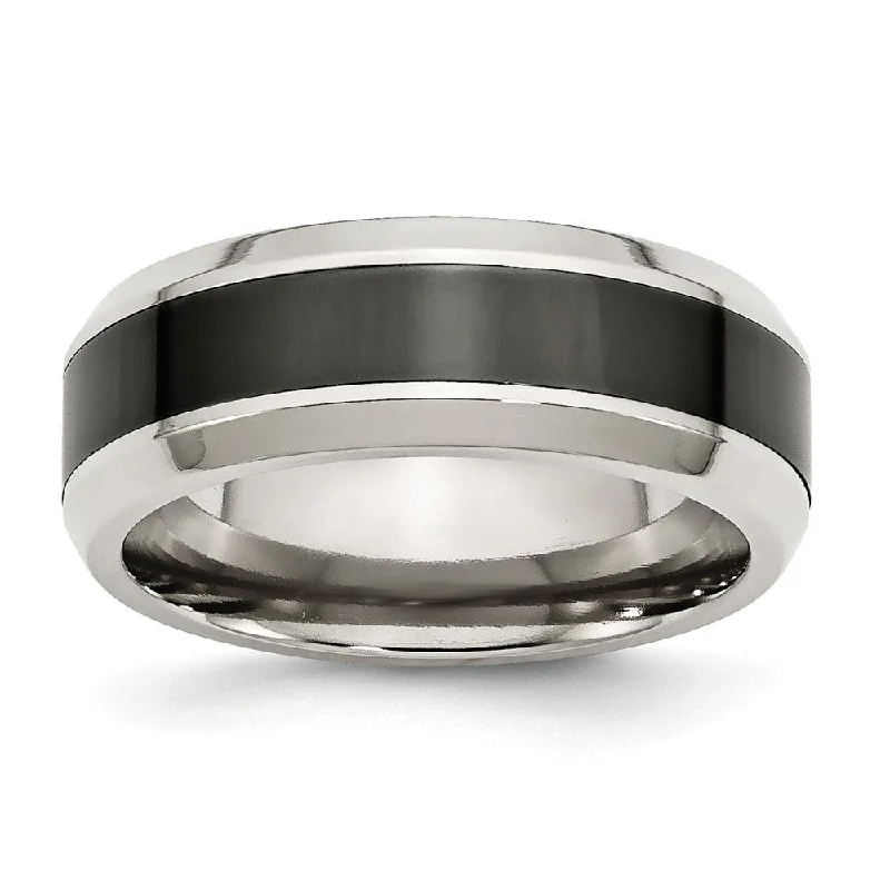 Ladies rings social media trends-7.5mm Polished Stainless Steel and Black Ceramic Beveled Band