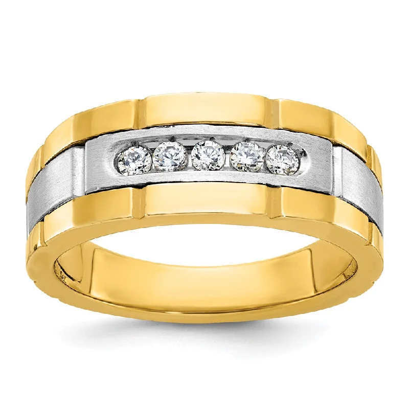 Ladies rings collectible jewelry items-8.5mm 14K Two Tone Gold Grooved 5-Stone 1/4 Ctw Diamond Tapered Band