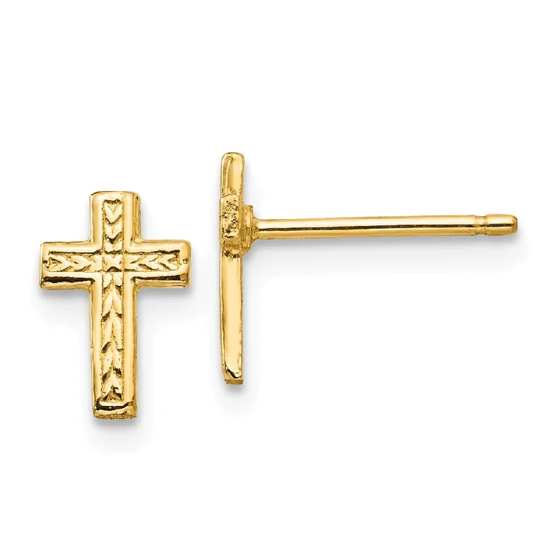 Ladies earrings knot symbol designs-9mm Textured Cross Post Earrings in 14k Yellow Gold