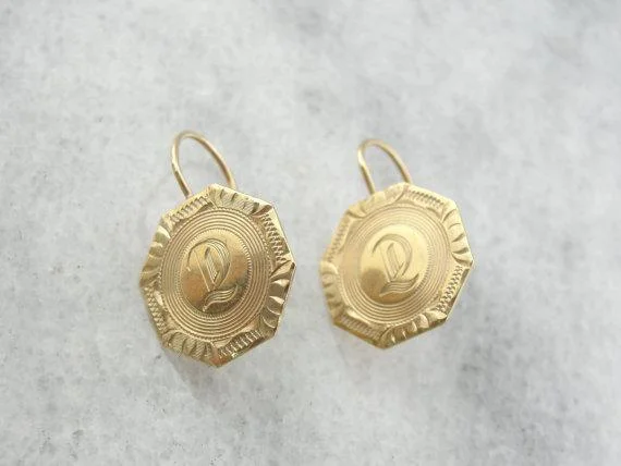 Ladies earrings anniversary special designs-D Initialed 14K Yellow Gold Cufflink Drop Earrings