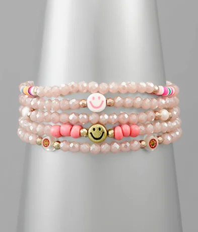 Ladies bracelets white gold styles-Ladies bracelets white gold styles-Smile Charm Bead Bracelet Set - Light Pink