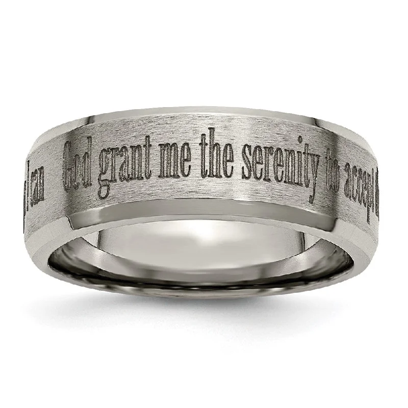 Ladies rings unique artisan designs-8mm Titanium Lasered Serenity Prayer Beveled Edge Standard Fit Band