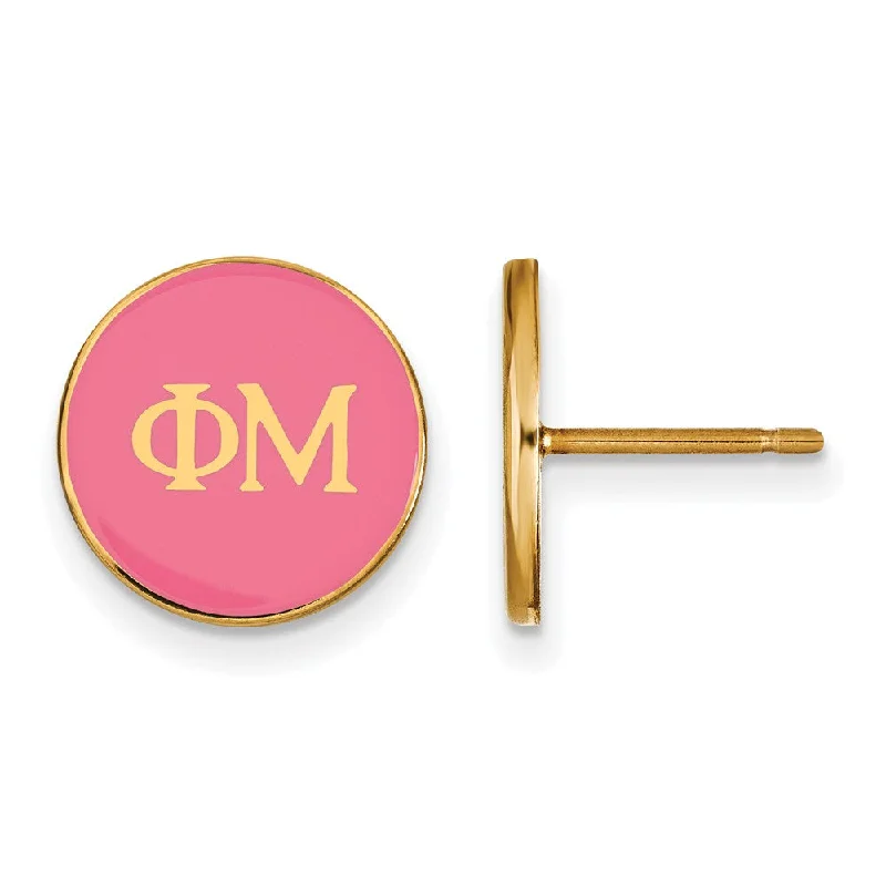 Ladies earrings shiny gold designs-14K Plated Silver Phi Mu Pink Enamel Disc Post Earrings