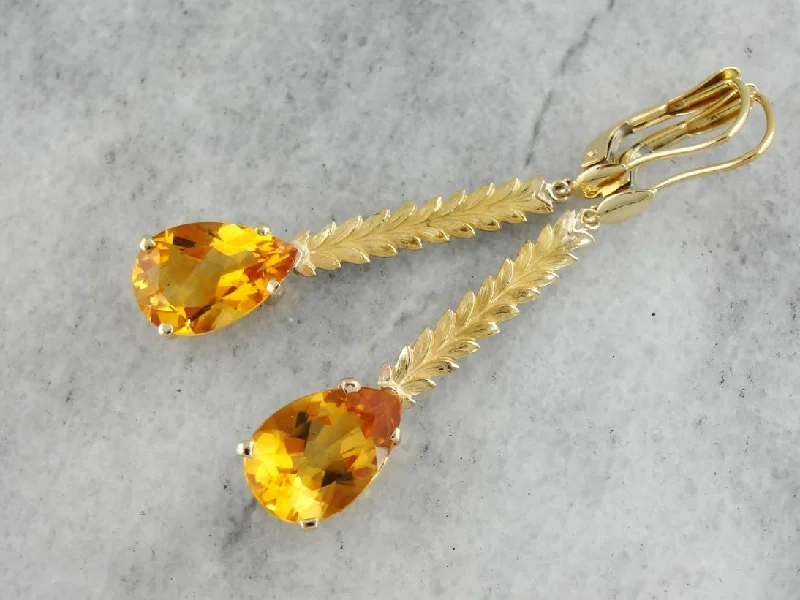 Ladies earrings halo accent designs-18K Gold Citrine Drop Earrings with Leafy Accents, Long Pear Cut Citrine Earrings