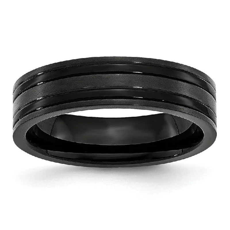 Ladies rings soft touch styles-6mm Black Plated Titanium Brushed & Polished Grooved Comfort Fit Band