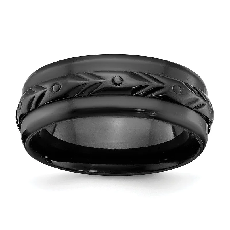 Ladies rings nature-inspired patterns-8mm Black Zirconium Polished Carved Standard Fit Band