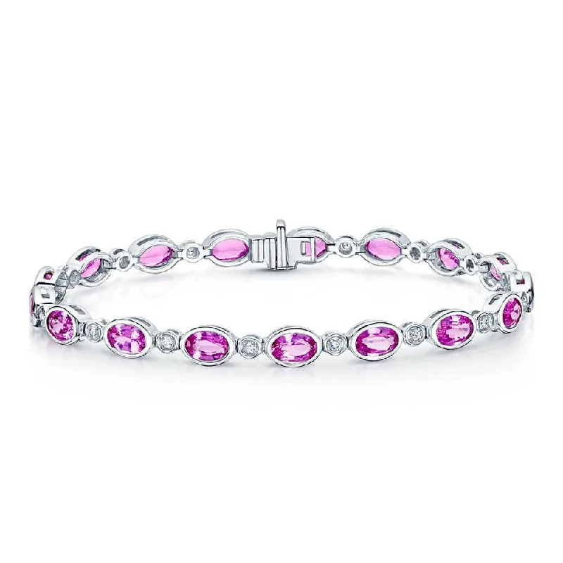 Ladies bracelets minimalist trend picks-Ladies bracelets minimalist trend picks-18ct White Gold Oval Pink Sapphire & Diamond Rubover Set Tennis Bracelet