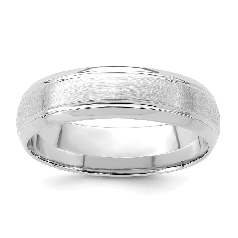 Ladies rings collectible jewelry items-6mm 14K White Gold Domed Brushed Grooved Edge Comfort Fit Band