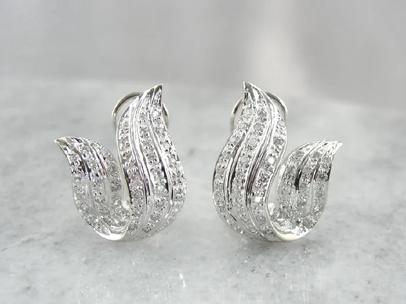 Ladies earrings bezel set styles-Beautiful Diamond and White Gold Flame Earrings