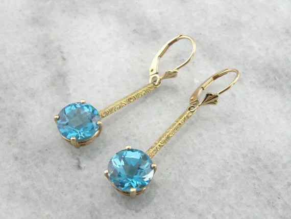 Ladies earrings special occasion designs-Gorgeous Blue Topaz Earrings, Antique Art Deco Drops, Pierced