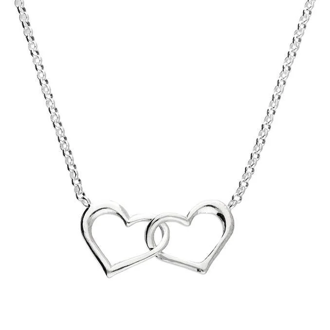 Ladies necklaces emerald cut necklaces-Sterling Silver Double Open Hearts Chain Necklace